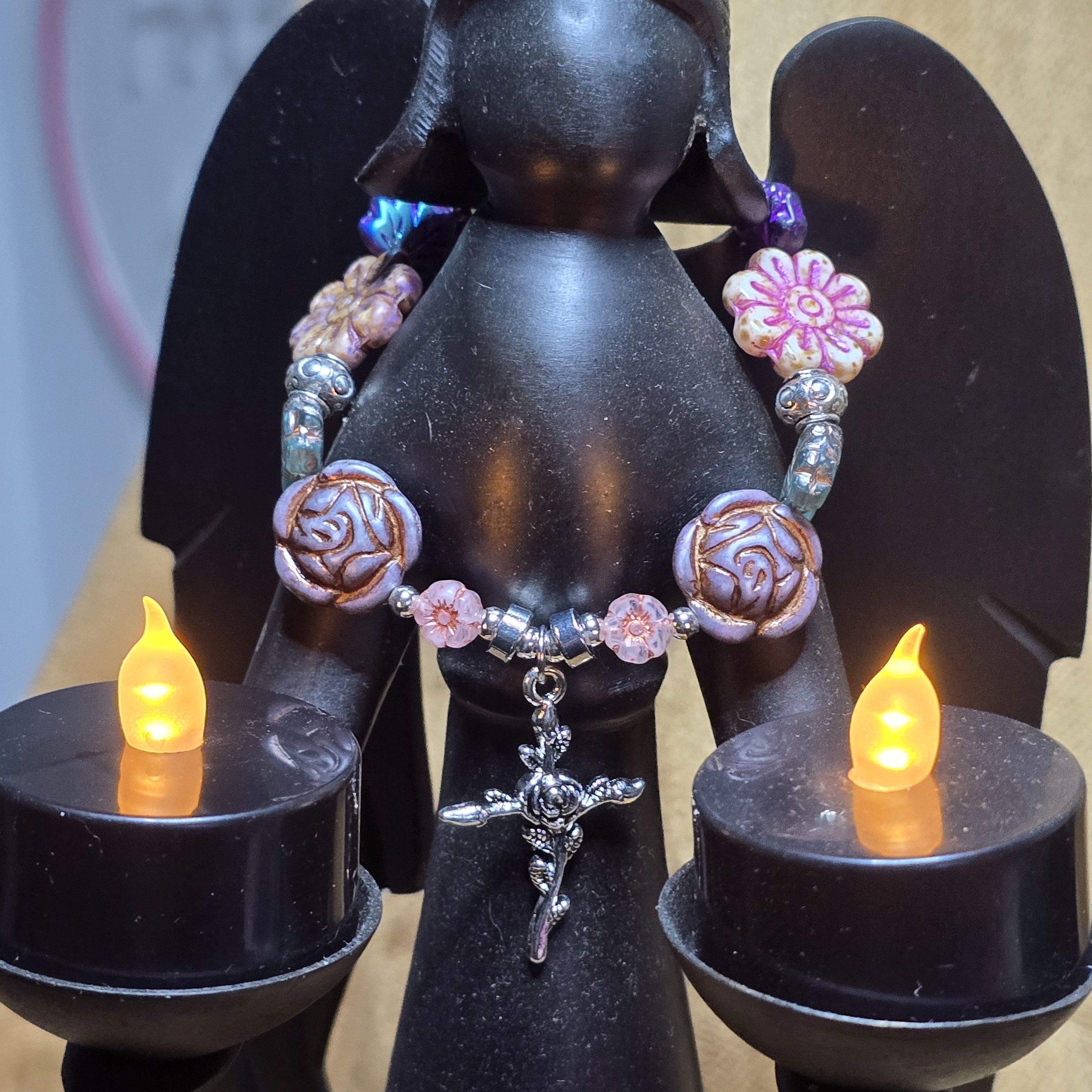 Pink & Purple Floral Glass Beaded Bracelet With Cross Charm